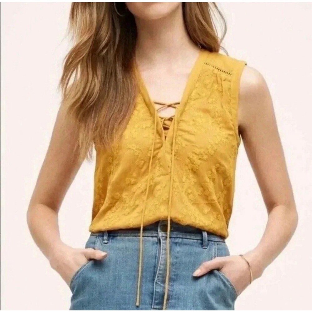 Maeve Sleeveless Floral Embroidered Blouse Sz. US 6 Mustard